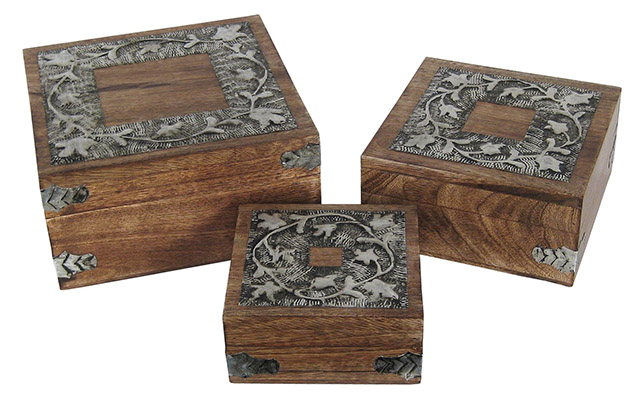 Mango Wood Metal Flower Design Set of 3 Boxes